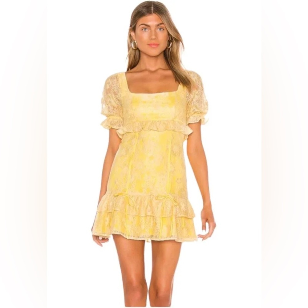 Majorelle X Revolve Camille Pale Yellow Lace Mini Dress Puff Sleeve